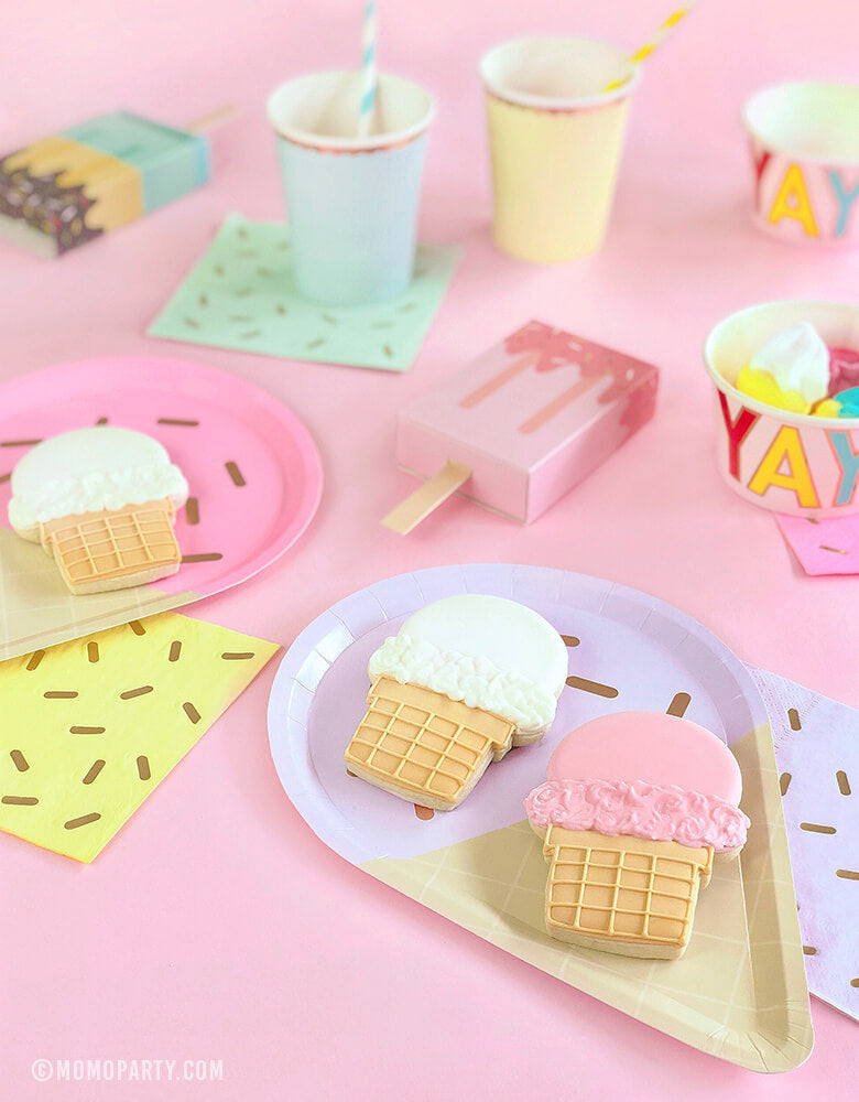 Summer Pastel Ice Cream themed Party Table of ice cream cookie on the ice cream paper plate