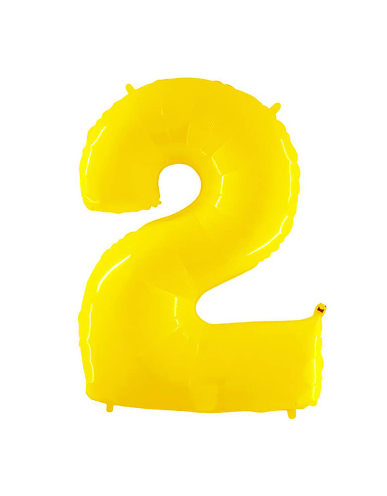 Party Brands Large 40" Yellow foil mylar number balloon Number 2. These huge balloons are great for bouquets, photo backdrops, on the top of balloon columns, incorporated into a balloon arches and more.