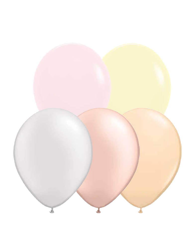 Qualatex Latex Balloons Set of 12, including assorted pearl white, pearl peach, matte yellow, matte pink and blush latex balloons. Specially designed color for Momopartys Tea party collection.