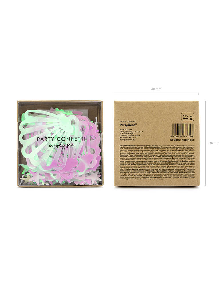 Party Deco Mermaid Narwhal Iridescent Confetti in the eco-friendly package. Each set includes confetti of seashell & starfish designs and double-sided adhesive tape. t's perfect for your mermaid, narwhal or under the sea themed celebration