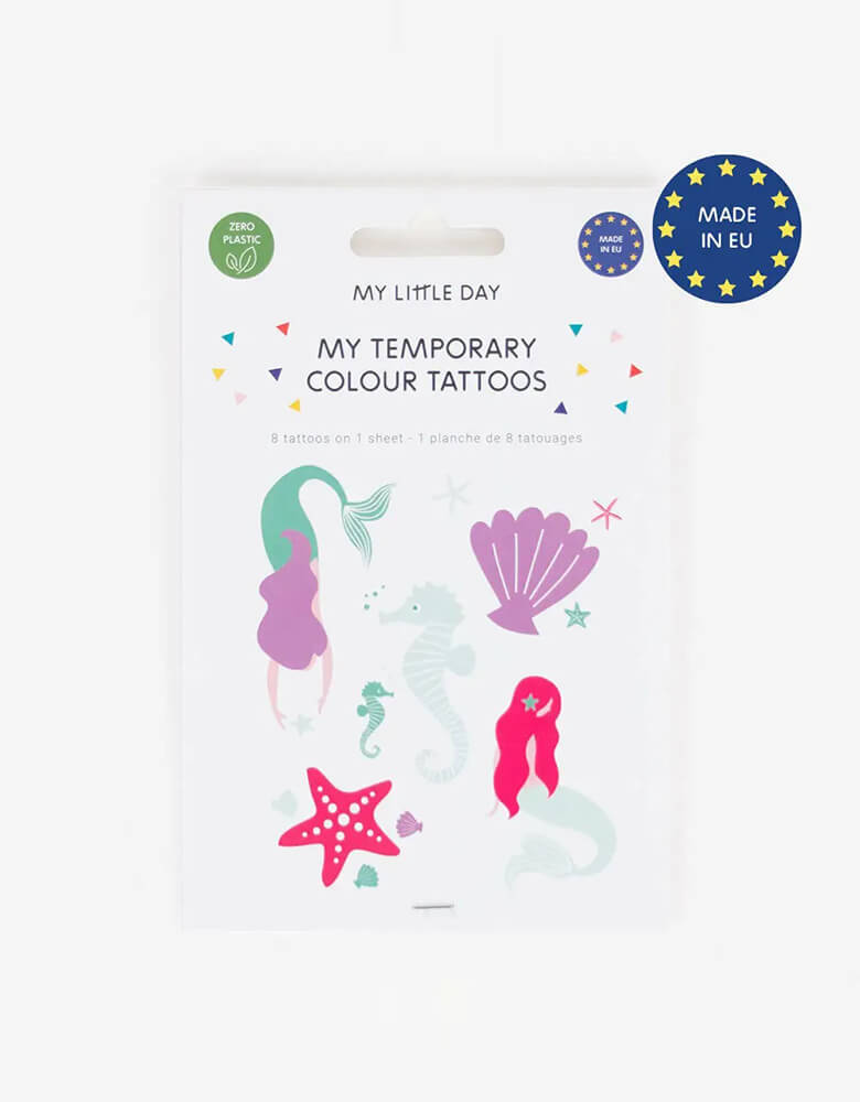 Momo Party's Mermaid Temporary Tattoo set of 12, by My Little Day, featuring a mermaids, seashells, sea stars, sea horses is great for kid's under the sea of mermaid themed birthdays. They also make a great goodie bag filler.