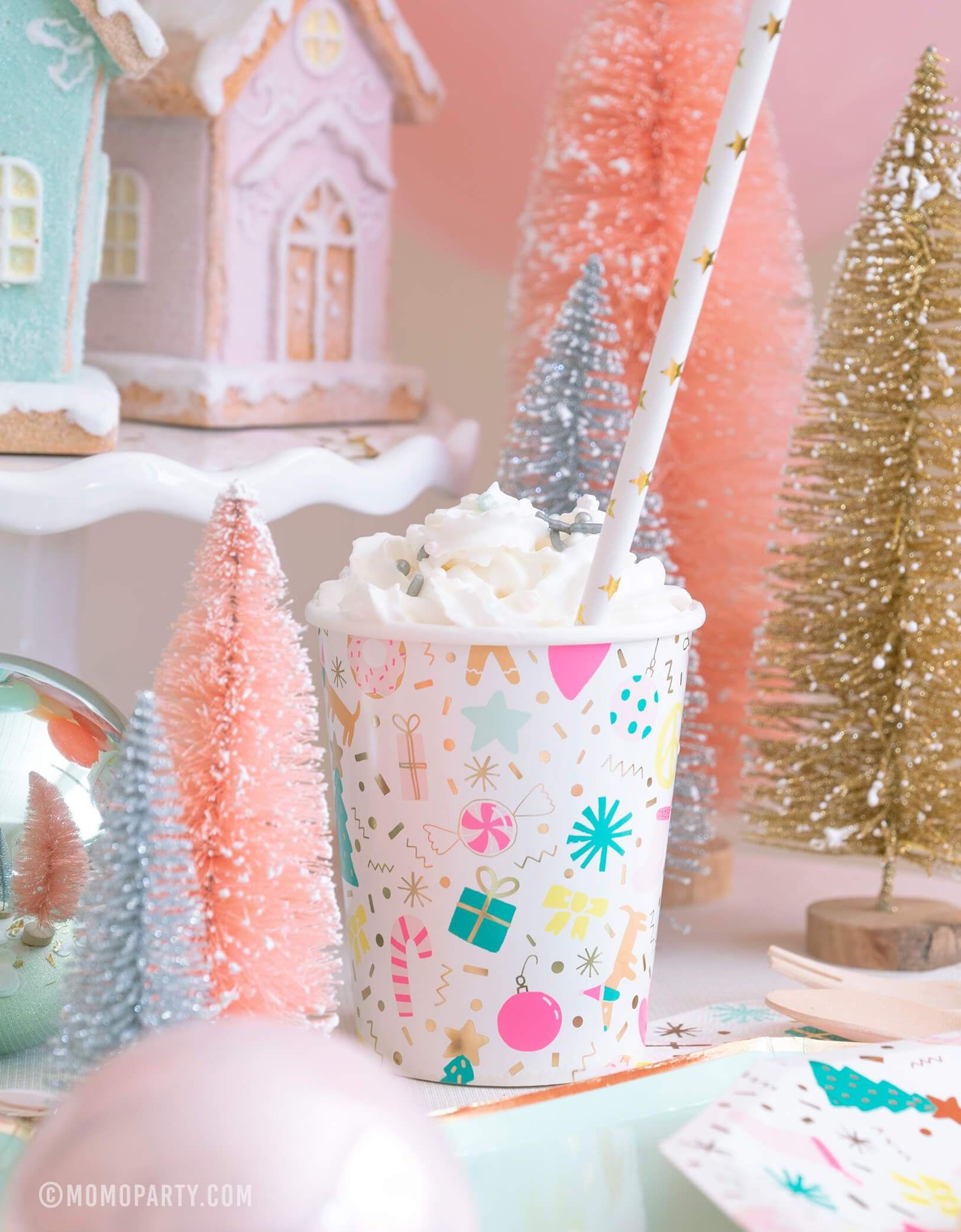 Daydream Society Merry and Bright Holiday Christmas Party Cups with Wrap cream and Golden Star paper party straw, Sisal Trees, ginger bread house decorations for holiday celebration