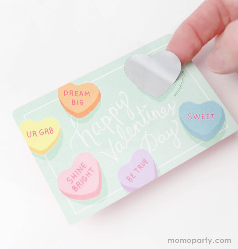Covering scratch-off sticker from the of the Sweetheart Valentines Scratch-off card set, after write down your own special secret sweet message in the blank area, and then have your friend to scratch to reveal your valentine. This scratch off card is perfect for valentine's gift to someone you love. They're perfect for Valentine's card exchange for the little ones!