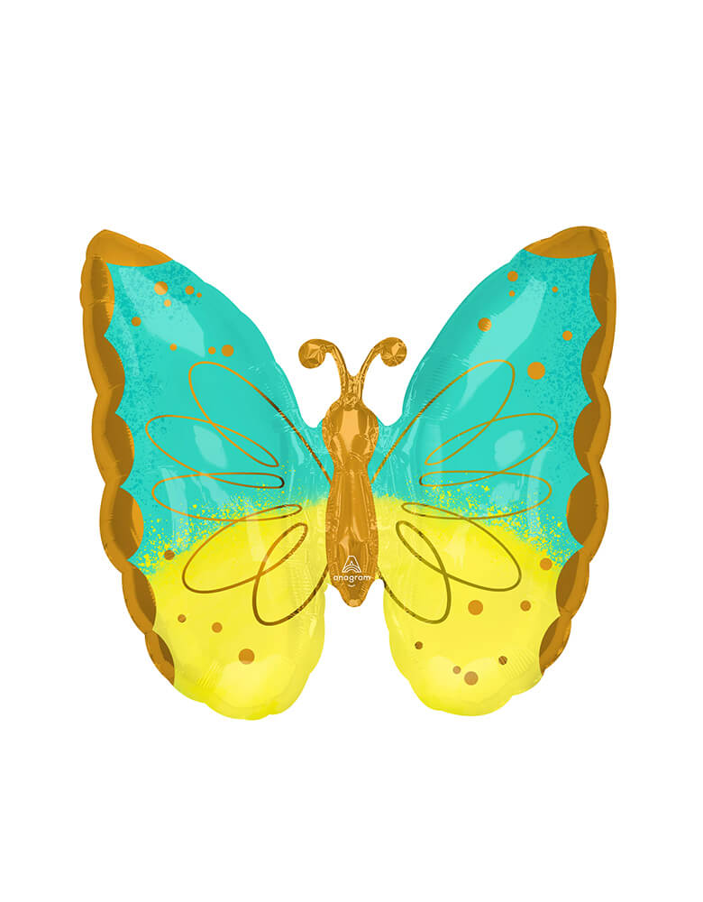 Anagram Balloons - 42790 Mint & Yellow Butterfly SuperShape™ XL® P30. Accent your butterfly and floral themed party, butterfly baby shower, fairy garden party or Encanto themed party with this gorgeous Mint and Yellow butterfly shaped foil mylar balloon.