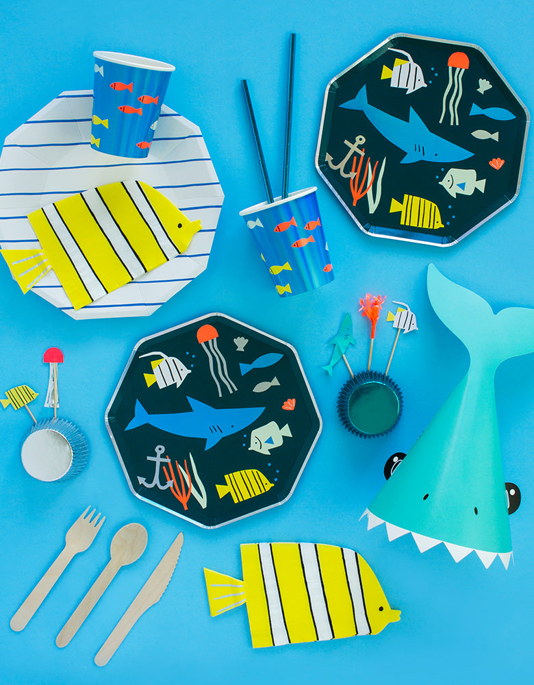 boy's under the sea shark themed birthday party tableware inspiration