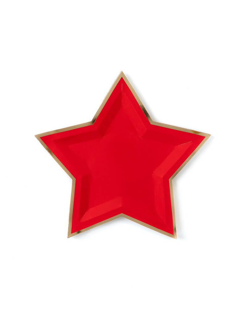 My Minds Eye - 9 inch Red Star Shaped Gold Foiled Paper Plates. Featuring a star die-cup shape, in a bright red cheery color with gold foil details. Pair them with our matching blue and white star plates for festive 4th of July celebration.