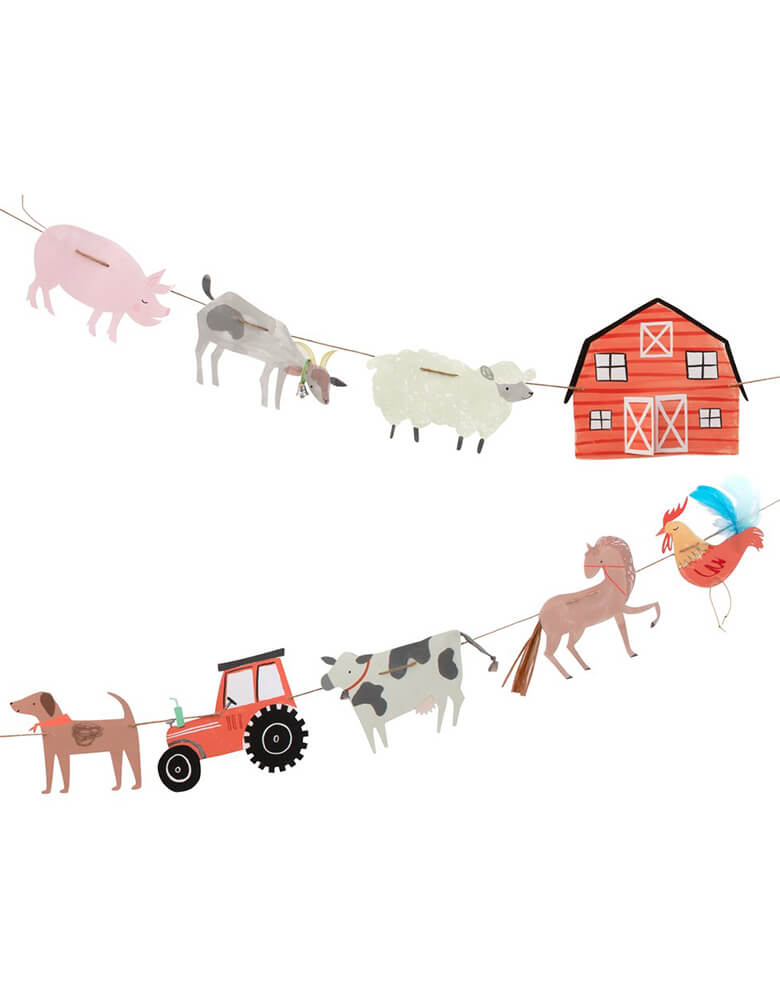 On The Farm Large Garland by Meri Meri, featuring Beautifully illustrated and crafted with eleven farm-themed pennants including different kind of farm animals like pig, goat, cow, sheep, rooster, horse, dog, and a tractor, a barn house, with lot of Feather & raffia with silver foil detail. This high quality and designed fun party garland is perfect for kids farm themed birthday party, decoration in their room.