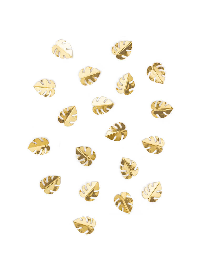 Party Deco Palm Leaf Gold Confetti. This confetti features Palm leaf shape cutouts with gold foil. Add some fun to your jungle, dinosaur or tropical themed party by spreading this set of palm leaf confetti in metallic gold to your table! party supply accessories Sold by Momopartys store provided modern party supplies, boutique party supplies, chic holiday party supplies and high end party supplies