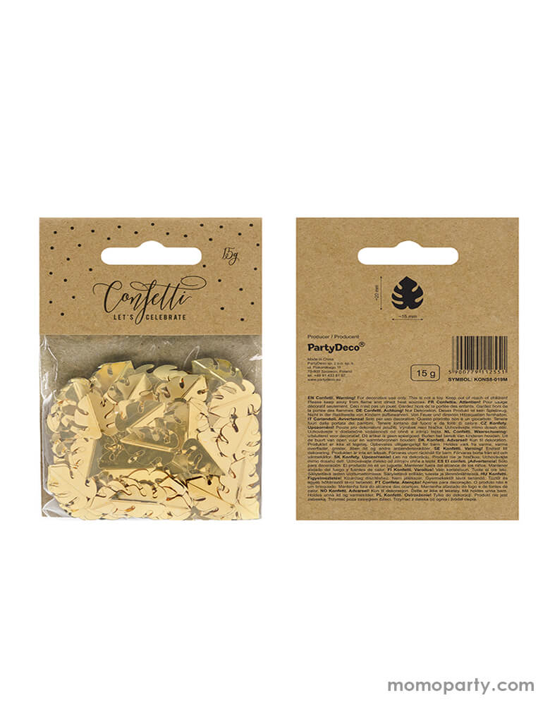 Party Deco Palm Leaf Gold Confetti packaging. This confetti features Palm leaf shape cutouts with gold foil. Add some fun to your jungle, dinosaur or tropical themed party by spreading this set of palm leaf confetti in metallic gold to your table! party supply accessories Sold by Momopartys store provided modern party supplies, boutique party supplies, chic holiday party supplies and high end party supplies