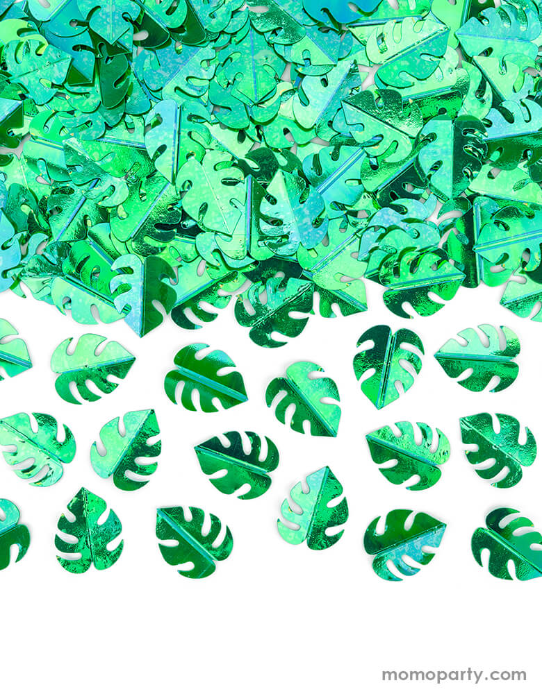 Close up details of Party Deco Green Palm Leaf Confetti. This confetti features Palm leaf shape cutouts with green foil. Add some fun to your jungle, dinosaur or tropical themed party by spreading this set of palm leaf confetti in metallic green to your table! party supply accessories Sold by Momopartys store provided modern party supplies, boutique party supplies, chic holiday party supplies and high end party supplies