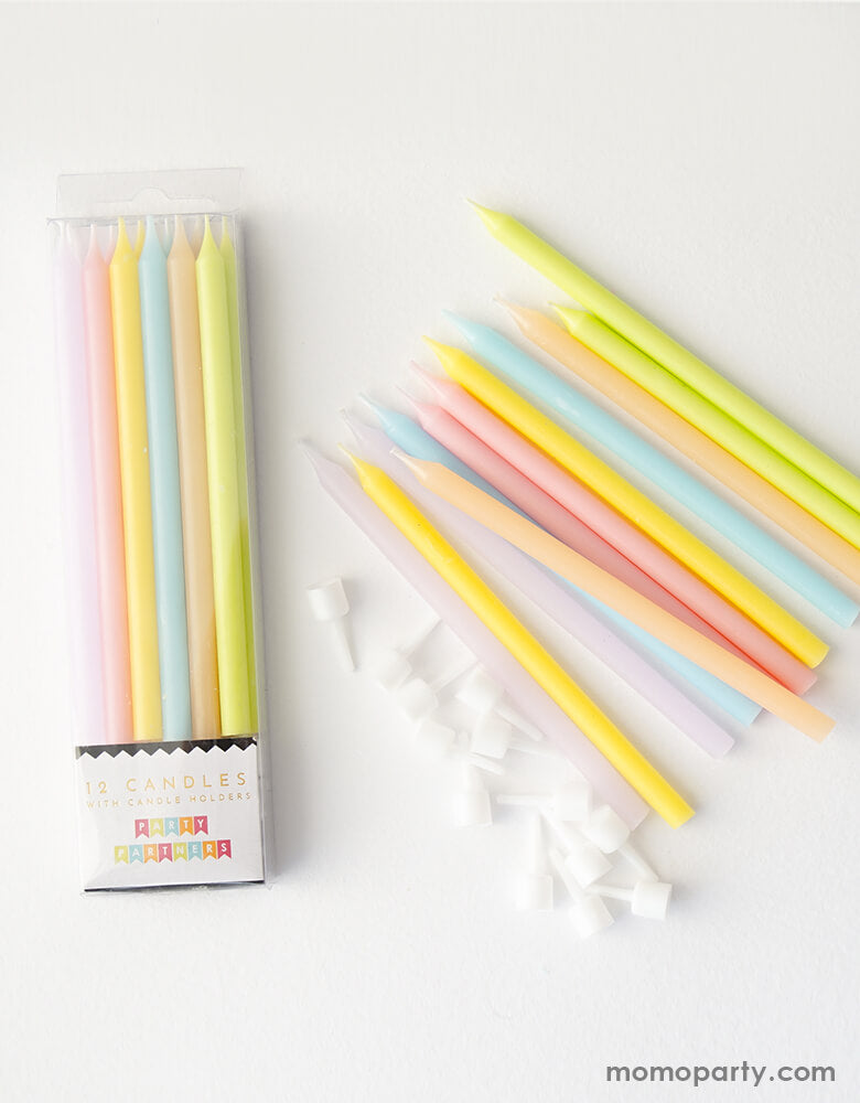 Party Partners - Pastel Rainbow Gradient Birthday Candle Set with 12 pastel rainbow color candies and candle holders