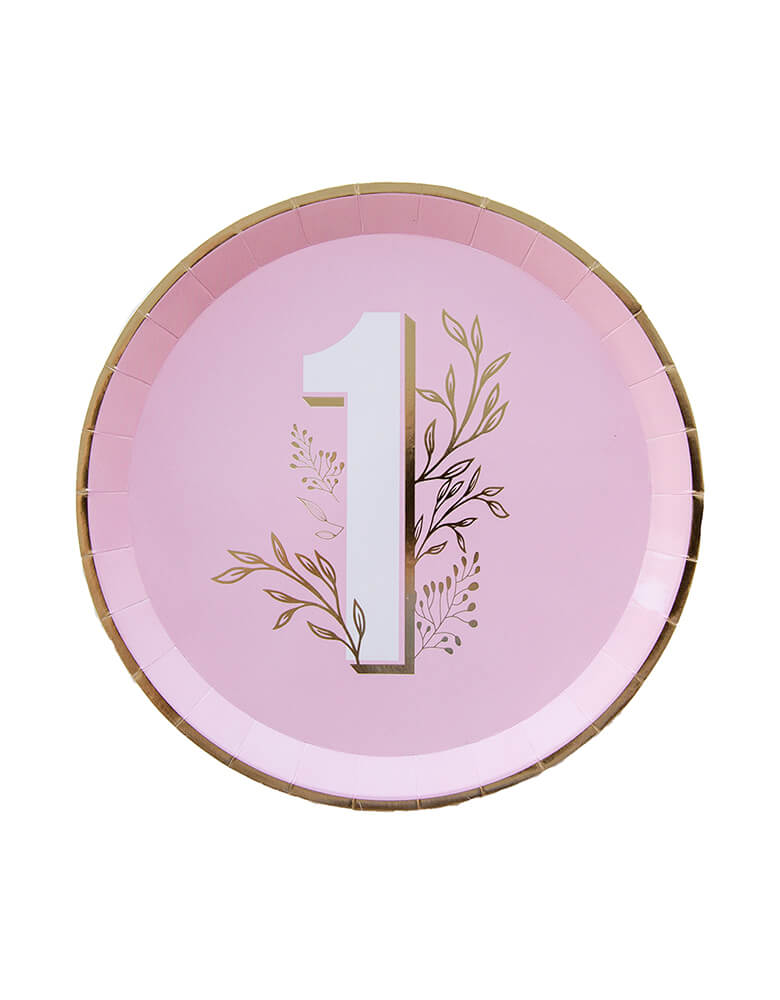Jollity 9-inch pink round dinner plate with number 1 and botanical boho greenery illustrations in beautiful gold foil, perfect for baby girl's princess themed or pink themed first birthday party celebration!