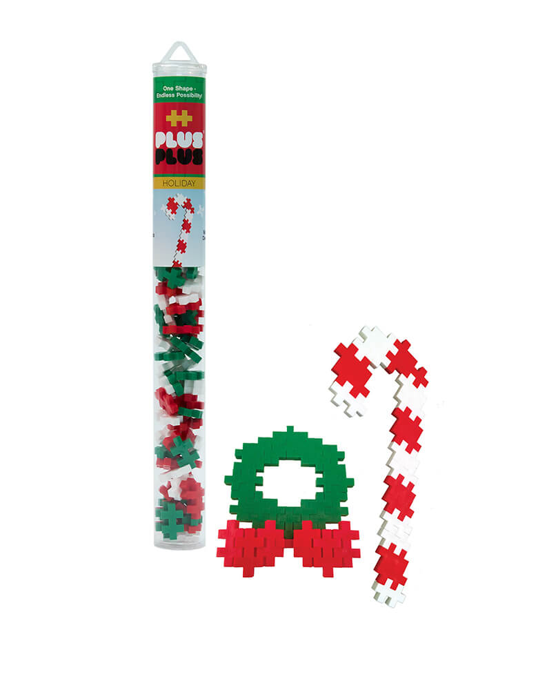 Plus-Plus Holiday Tube. The 70 piece Holiday tube with white green and red colors, makes a great stocking stuffer this Holiday season, A perfect STEM toy to develop fine motor skills, focus and patience - as well as design, imagination and creativity!