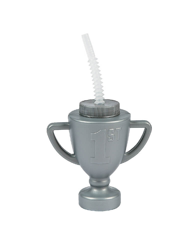 Race Car Trophy Cup with lid and straw 13760751. size in 5 x 5 1/2 inches; 14 oz capacity with plastic made, Re-usable sipper for a race car party