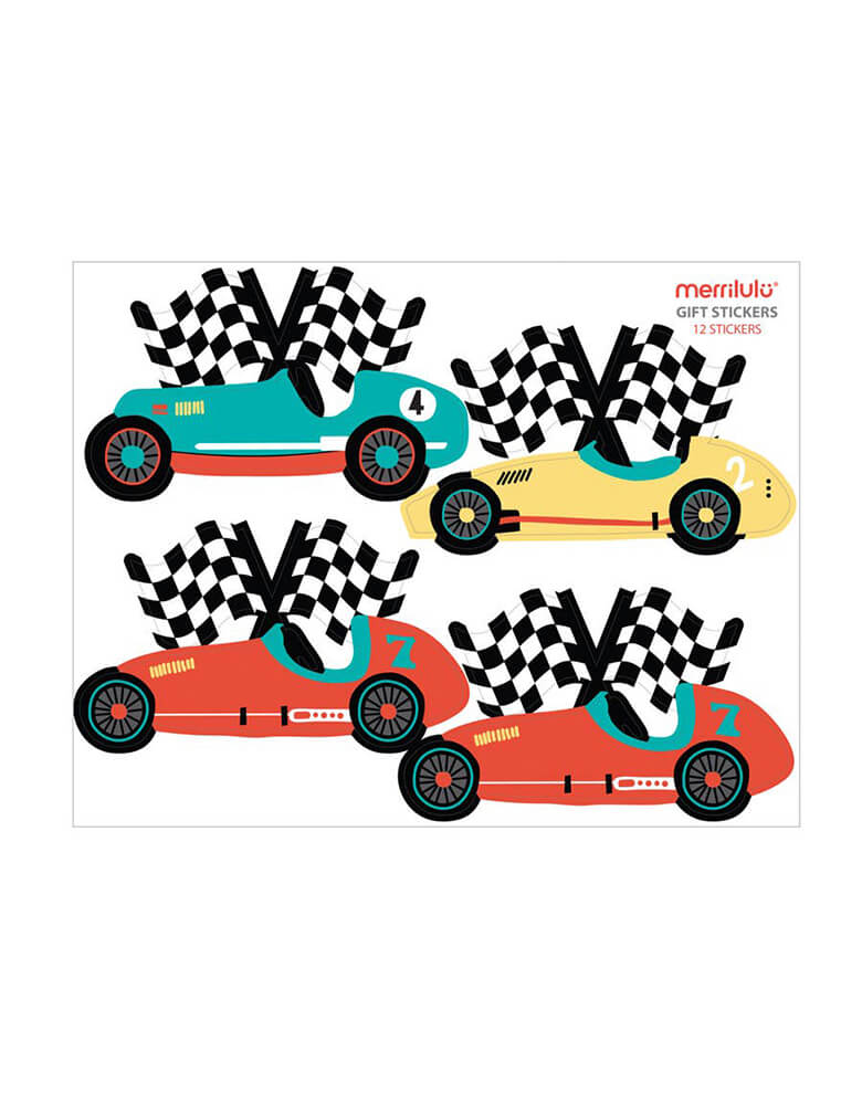 Merrilulu - Race Car Gift Bag Stickers. Featuring vintage red, blue and yellow race car with checkerboard flag design. Set of 12 stickers (in 3 sheets). Each set comes with a total 12 stickers, ready to be placed on the goodie bags. Each gift tag is designed with a writing space for a name or note.