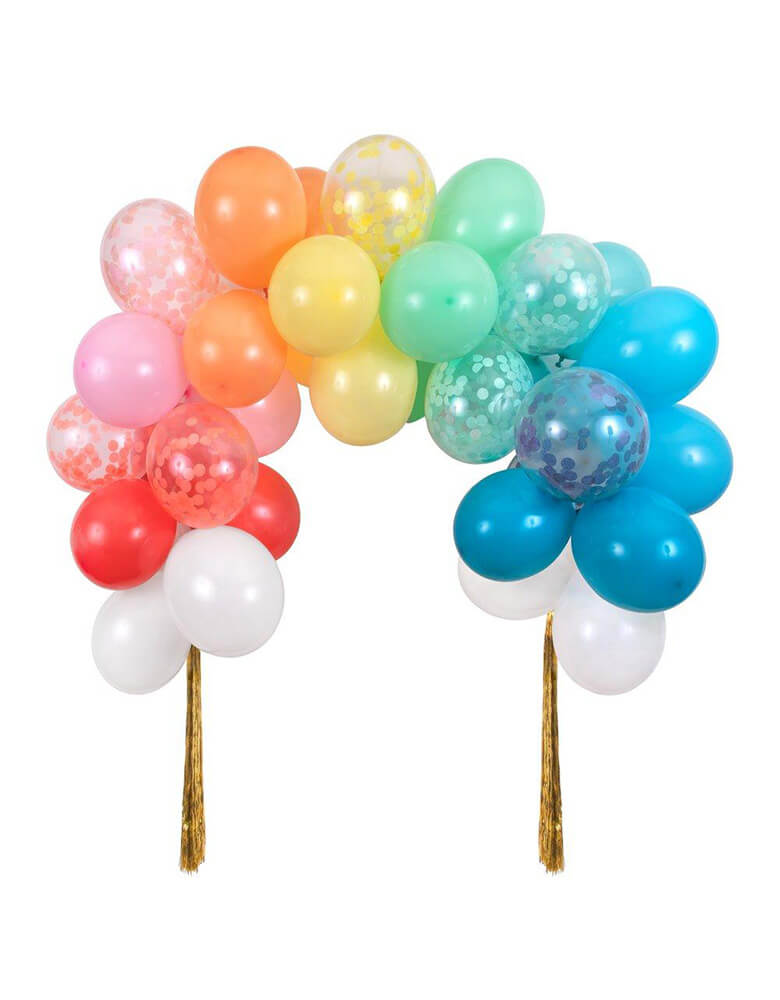 Meri Meri Rainbow Balloon Arch Kit with multicolored balloons, confetti balloons, and gold tinsel