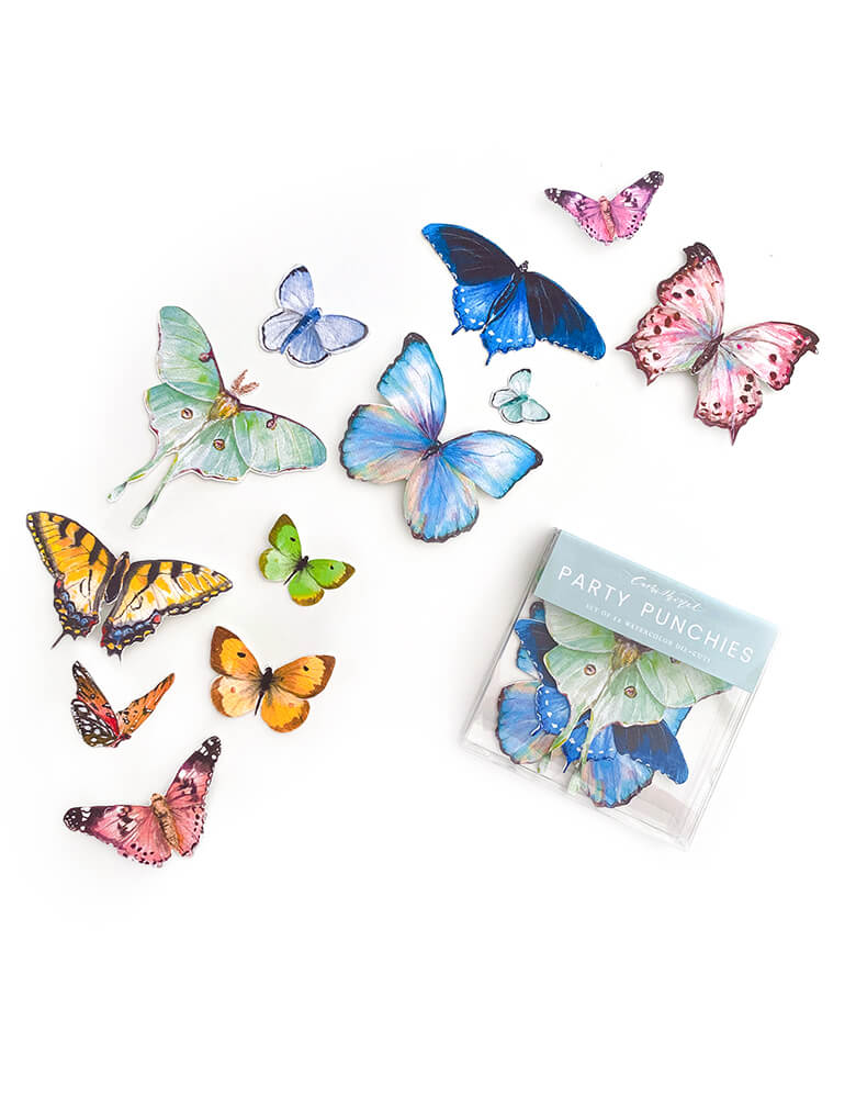 Cami Monet Rainbow Butterfly Party Punchies with clear box. Set of 12 assorted watercolor butterfly die-cuts Size: assorted small and large sizes Small punchies are approximately 2", and large punchies are approximately 3.5". Original watercolor butterfly illustrations with Handmade in USA.arty Punchies can be used for place cards, gift tags, table scatter, cupcake toppers, coasters, cake accents, charcuterie labels, confetti, banners, scrapbooking, envelope inserts, and well, pretty much everything!