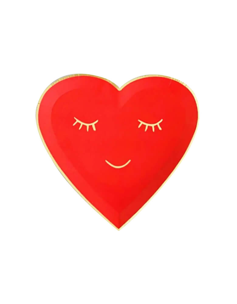 Momo Party's 7" red blushing heart shaped plates. Come in a set of 8 plates, these red heart shaped plates have a smiling face on them in gold foil accent, they are perfect for a kid's oriented Valentine's Day celebration.