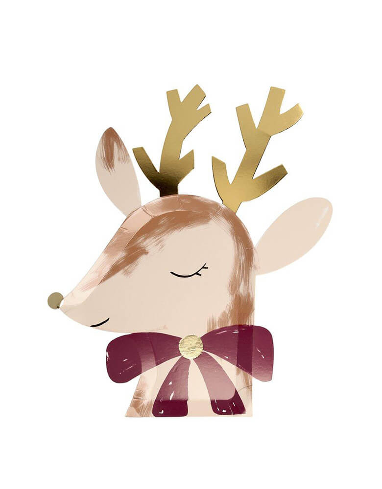 Meri Meri Die-cut Reindeer with Bow Plates with lots of gorgeous gold foil detail and are printed on both sides for extra effect, perfect for a Christmas celebration