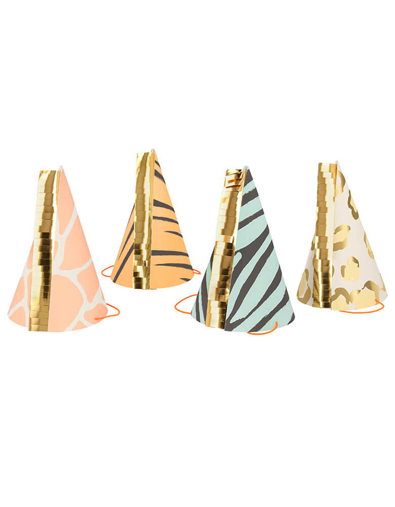 Meri Meri Safari Animal Print Party Hats. Set of 8. Featuring zebra, giraffe, tiger, and leopard print designs with gorgeous gold foil details and gold foil fringing. make your guests look amazing and fun at your jungle baby shower, jungle-themed party, wild one's birthday party or safari themed birthday party.