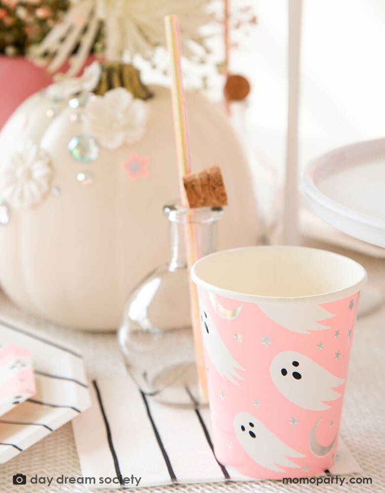 Daydream Society Spooked 9oz Party Cups featuring modern ghost and moon illustrations on a bright neon pink background perfect for a pink Halloween party