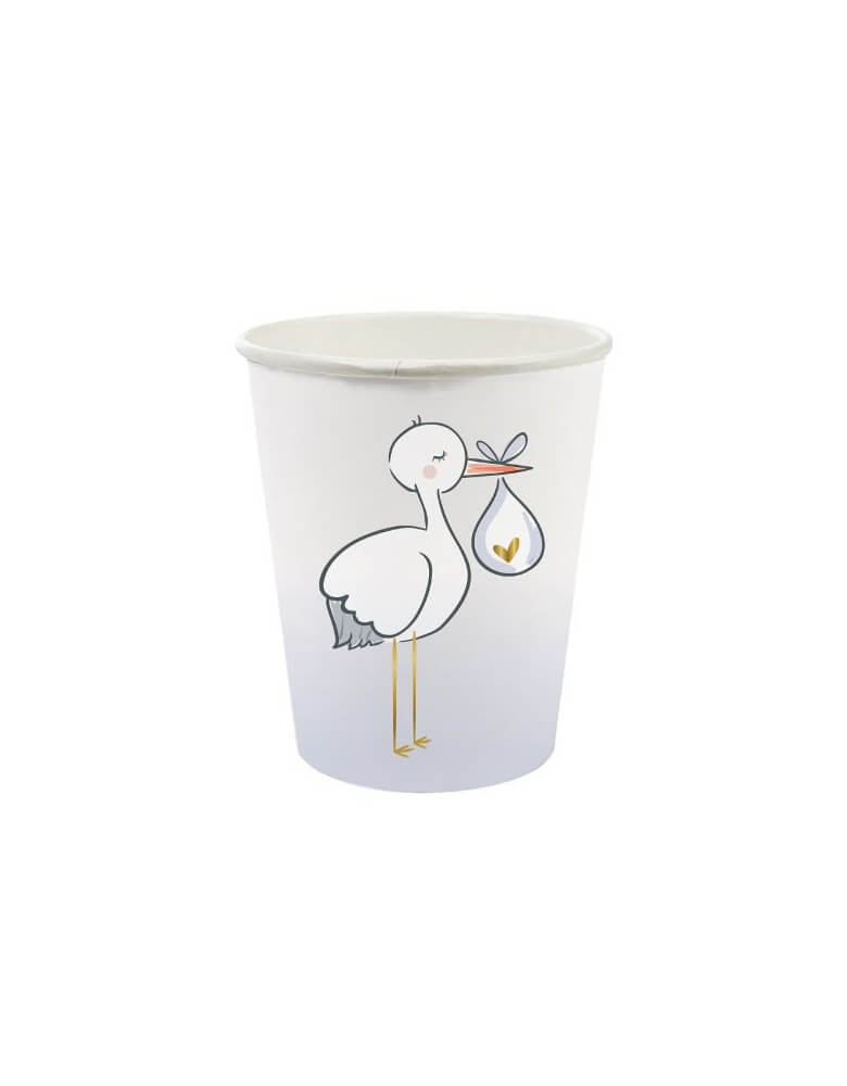 Slant Collection - Stork Party Cups. Featuring a white stork carrying a white cloth bundle with heart on it print with embellished with gold foil. This high quality partyware is perfect for for a Baby Shower, gender reveal party, baby boy shower and baby girl shower