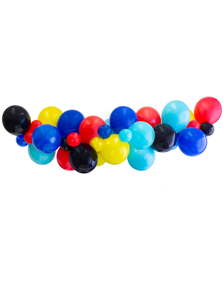 Superhero 2.0 Balloon Cloud Kit by Momopartys. This colorful Balloon cloud kit includes everything you need to make this awesome balloon cloud: Assorted 11” inches & 5” inches superhero-themed latex balloons mixed with black, red, yellow, dark blue, and Caribbean blue latex balloon, made in the USA
