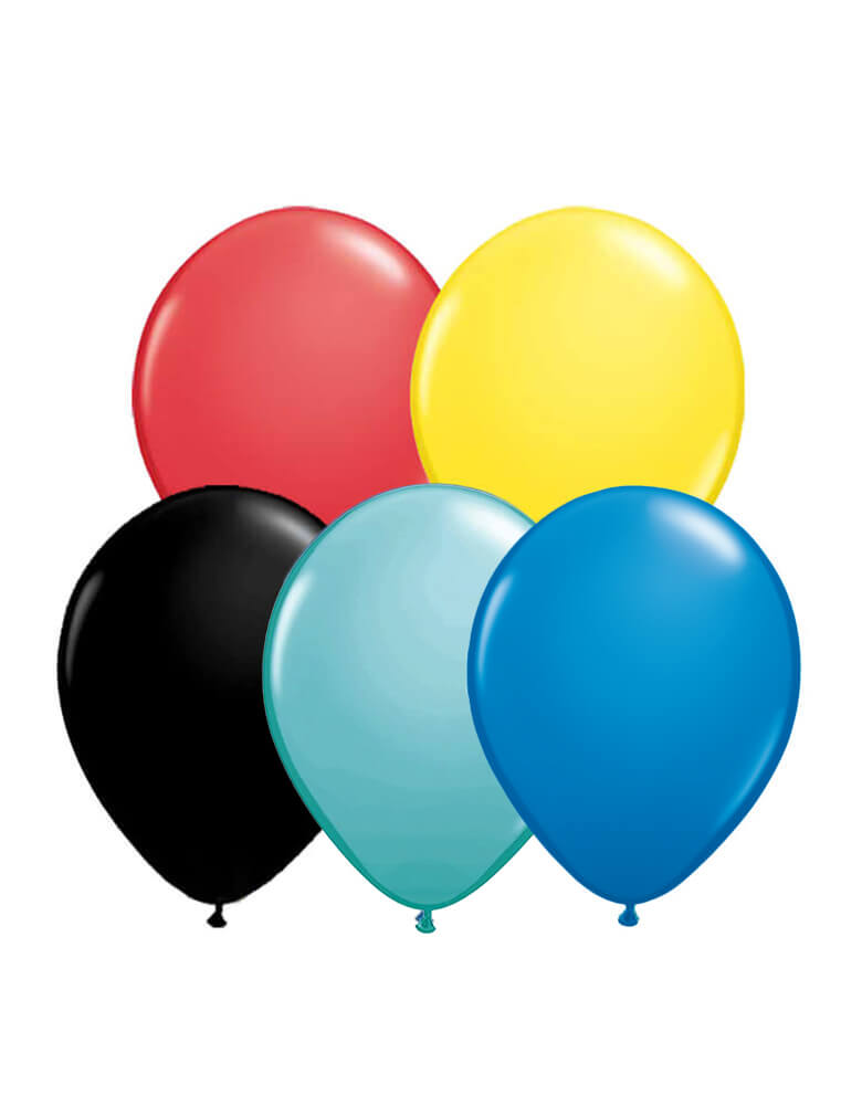 Momopartys Superhero 2.0 Latex Balloon Mix. Set of 12, including 3 of 11 inches red, dark blue and caribbean blue balloons; 2 of each yellow and black balloons