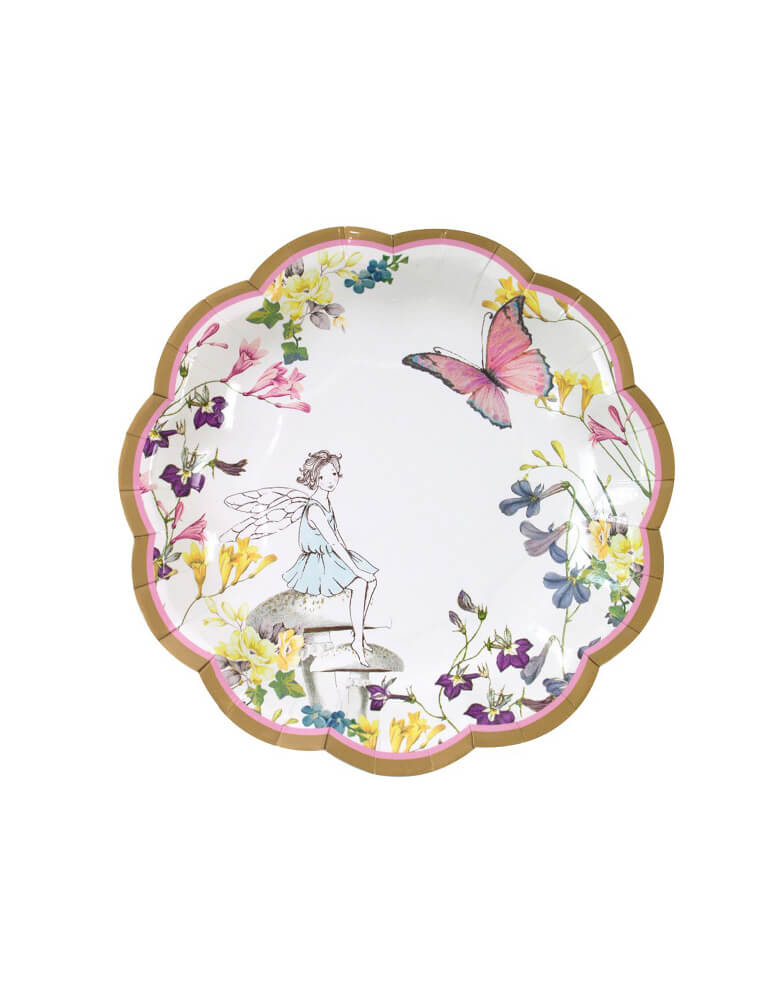 Talking Tables - Truly Fairy Scallop Edge Plates. Featuring a pretty setting with a friendly fairy, butterflies and delicate flowers, these plates are perfect for a birthday party fit for a birthday fairy!