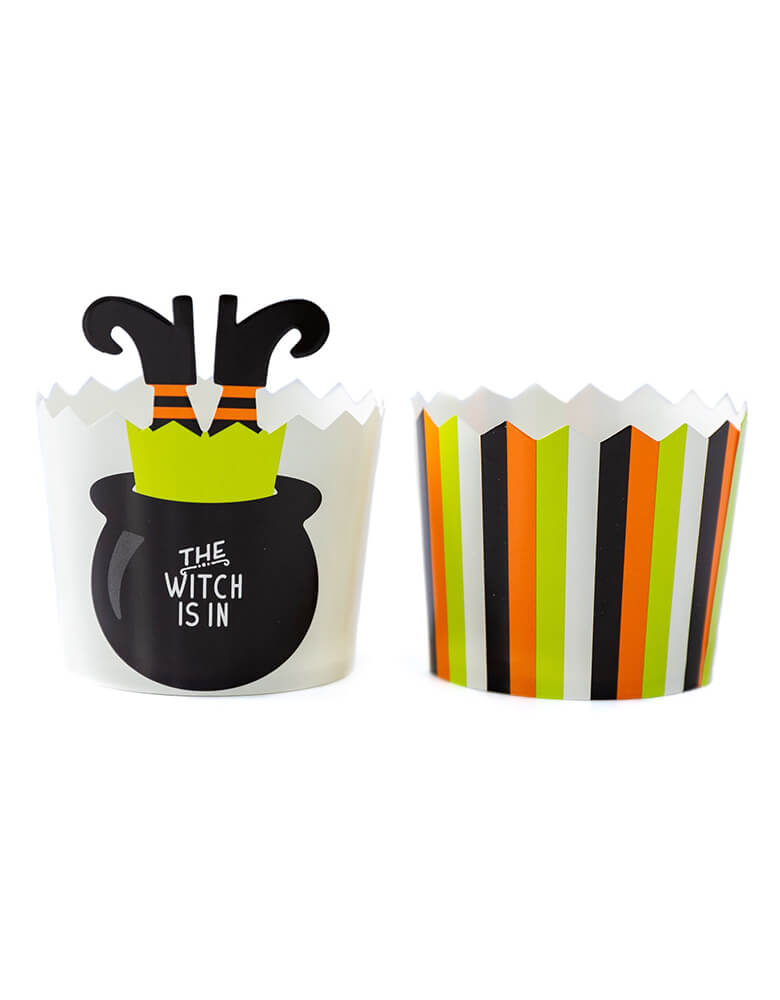 My Minds Eye PLCC458 - WITCH IS IN FOOD CUPS (50 PCS). Pack of 50 in 2 designs. one with Witch Leg Stakes with "the witch is in" text in the Cauldron. another cups design in a mint, orange, white and black stripe design. These fun halloween themed baking cups are perfect for baking Halloween cupcakes right in the oven.