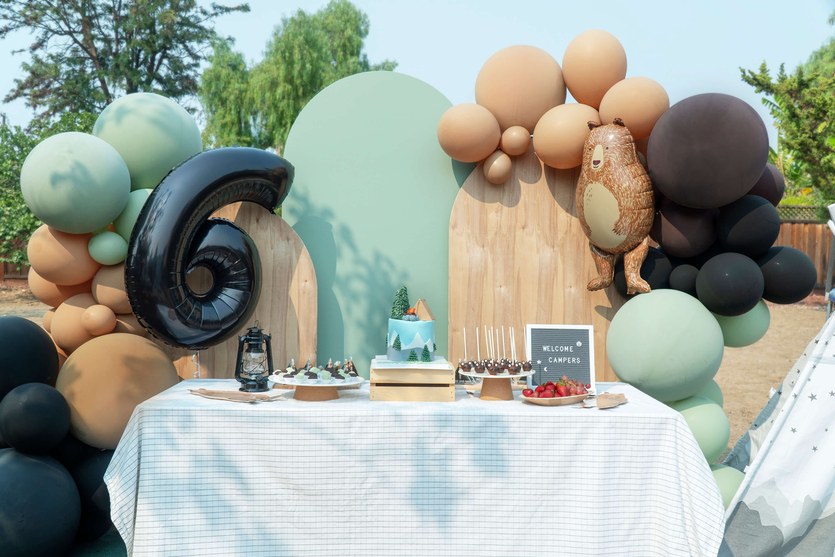 Kid's Camping Birthday Party Ideas by Momopartys Backdrop Set Up with Balloon Garland