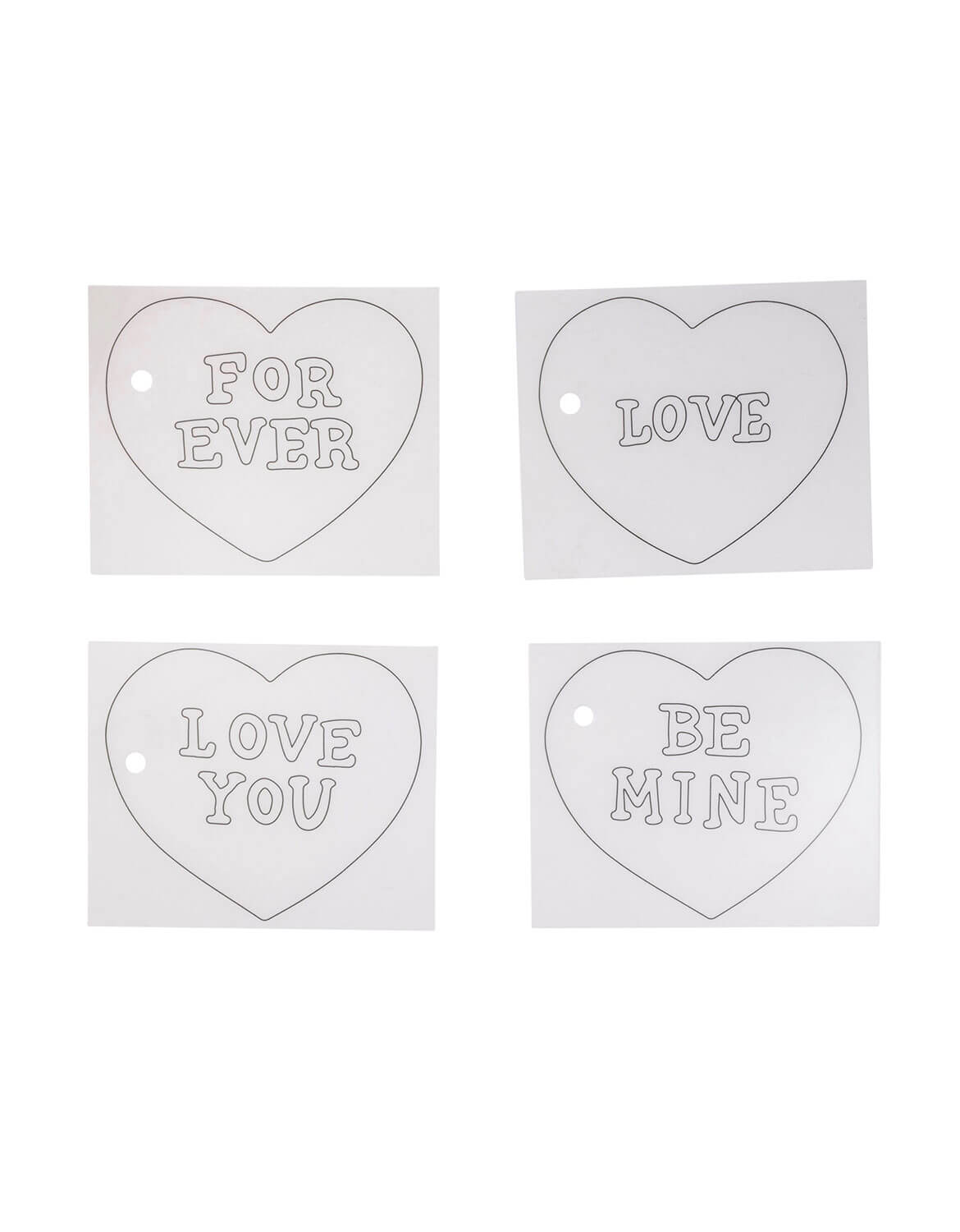 Four heart-shaped tags with engraved messages on a white background.