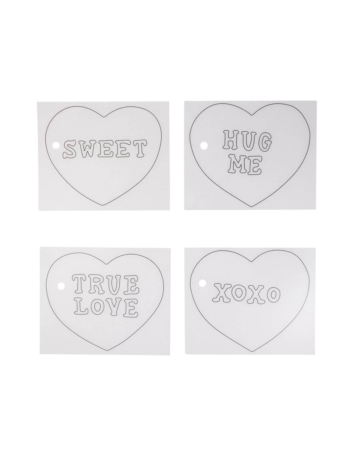 Four heart-shaped stencils with text on a white background.
