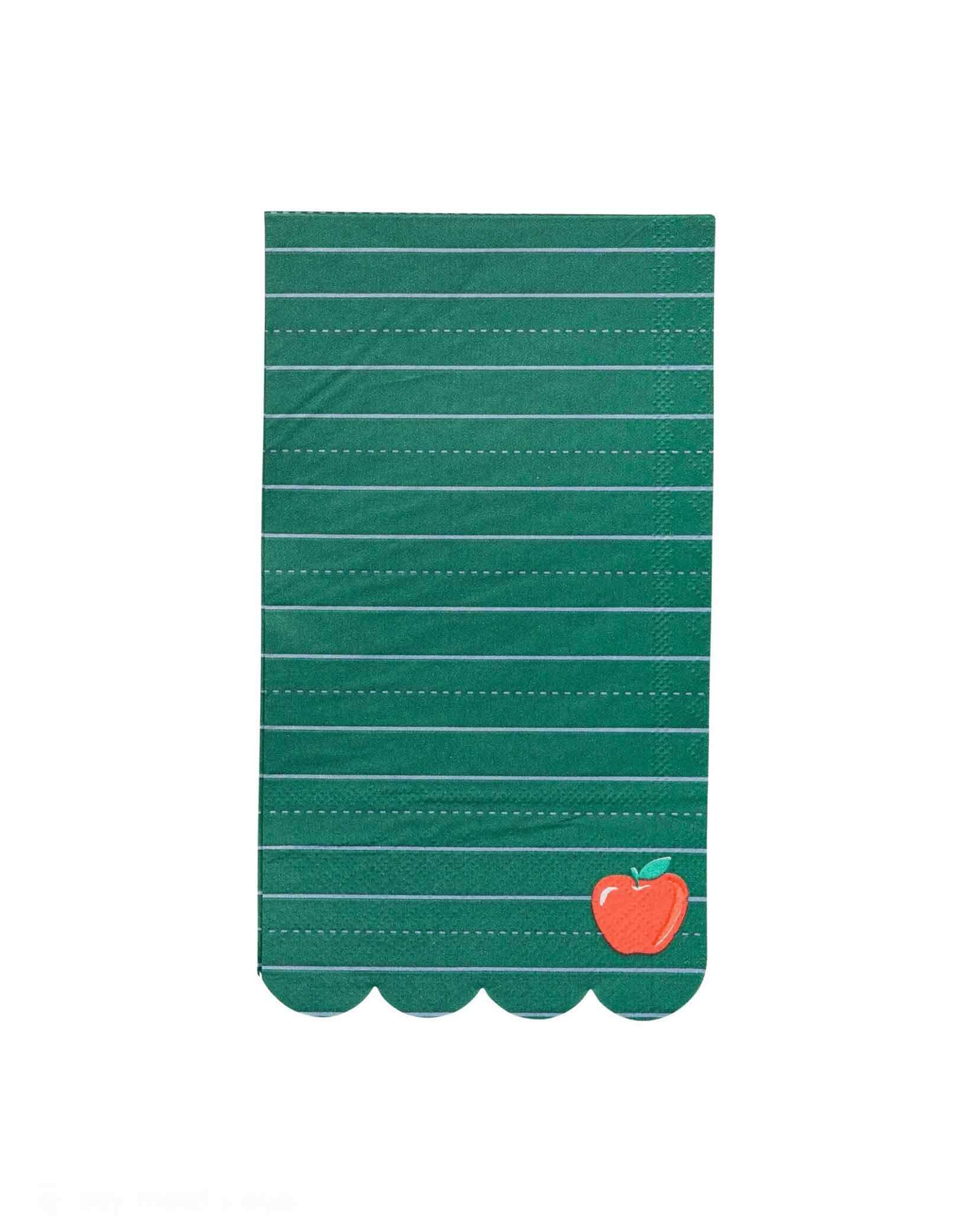 Momo Party's 4.25" x 7.75" Green Ruled Paper Dinner Napkin by My Mind's Eye. Comes in a set of 24 napkins, these green ruled designs with an adorable apple on it are perfect for a back-to-school party or any gathering where you want to add a playful touch.