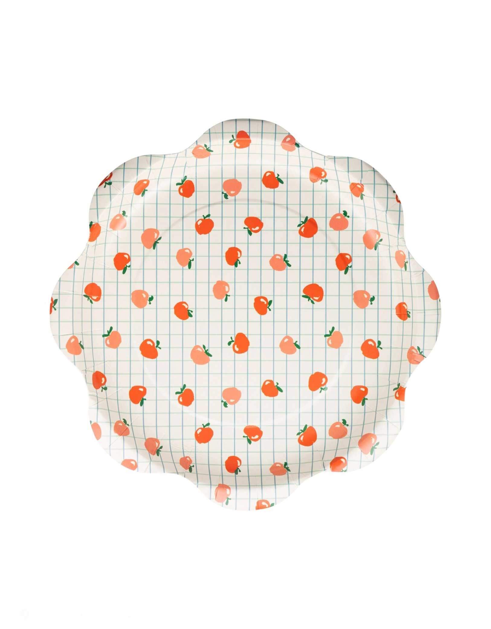 Momo Party's 10" Apple Pattern Paper Plate by My Mind's Eye. Comes in a set of 8 paper plates, perfect for back to school, this plate features a fun and playful apple pattern that will add a touch of whimsy to any meal. Let your child enjoy their favorite foods in style with this durable and stylish plate at their school themed celebration!