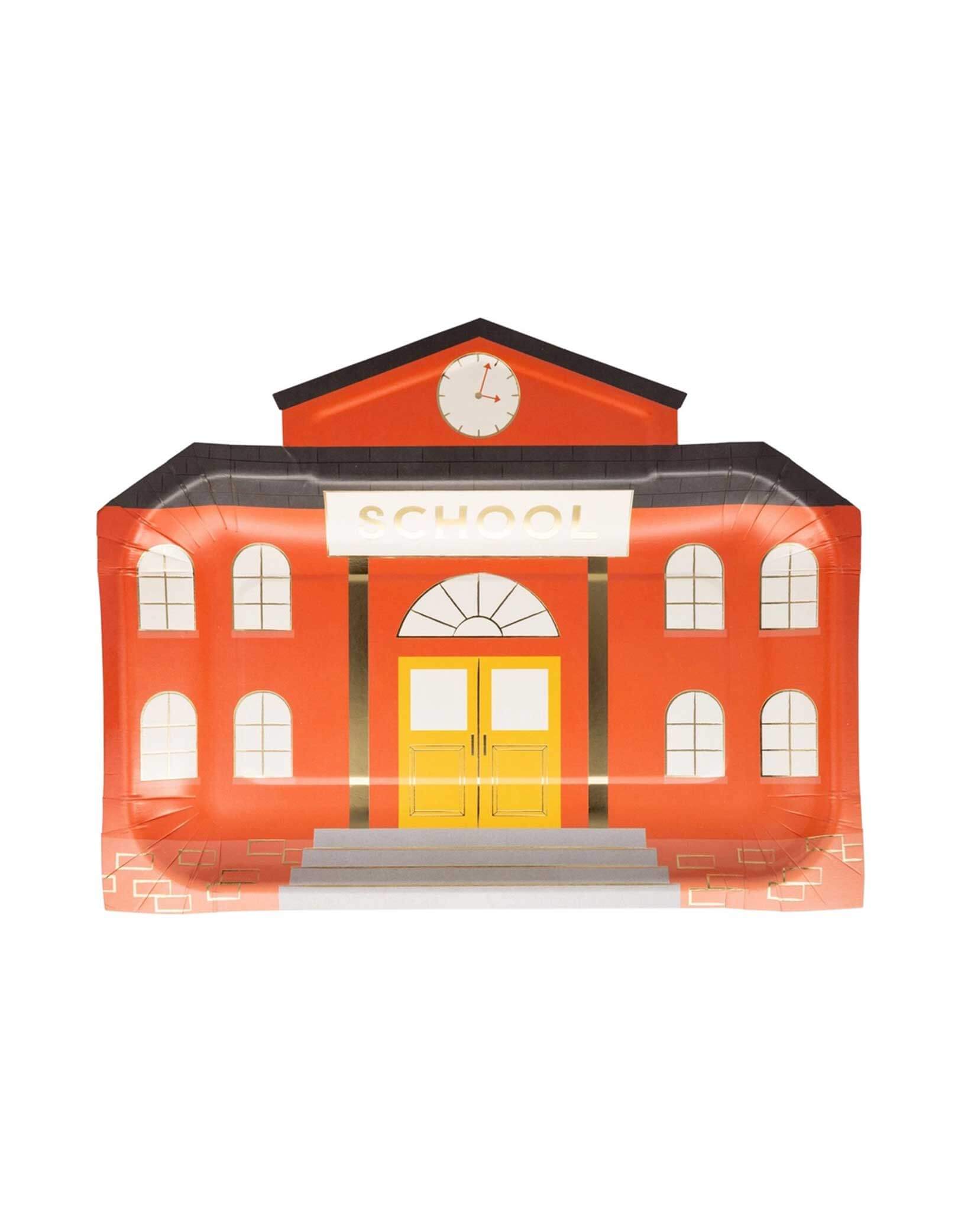 Momo Party's 10.25" x 8" School House Shaped Paper Plates by My Mind's Eye. Comes in a set of 8 paper plates, they're sure to be a hit with all your guests at your school themed celebration, be it a back to school party, a teacher appreciation event, or a first day of school celebration. Perfect for serving up snacks and desserts, this plate is a must-have for any school-themed event.