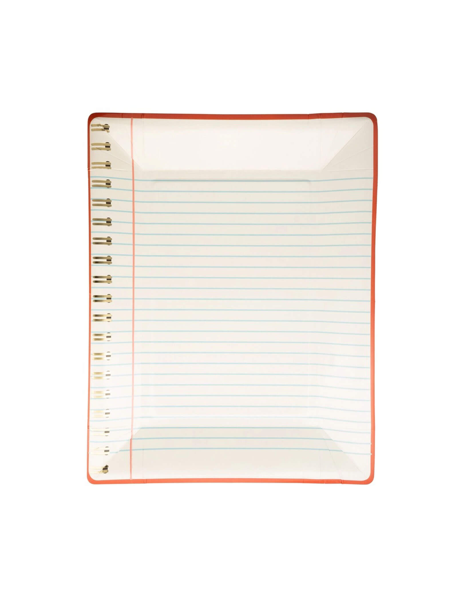 Momo Party's 10" x 8" Spiral Notebook Paper Plates by My Mind's Eye. Comes in a set of 8 paper plates, these unique paper plates shaped like a notebook, with a red boarder, perfect for back to school celebrations. Keep the fun going and step up your party game with this fun and functional plate.