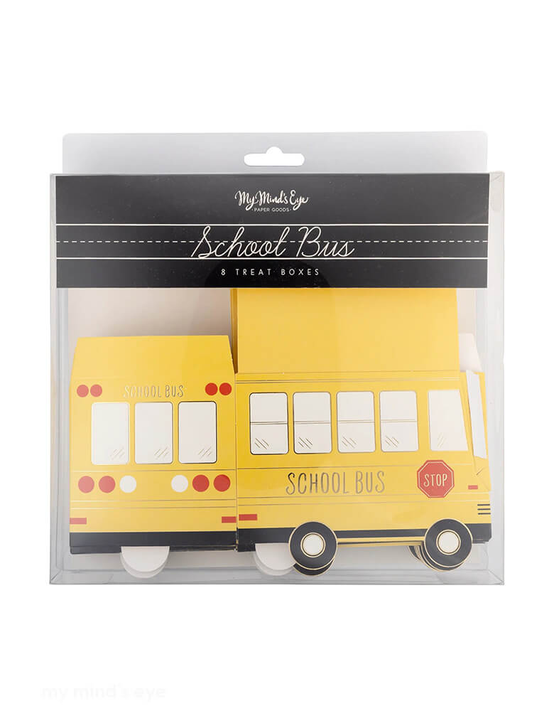 The packaging of Momopartys's 4.5" x 3" x 3" School Bus Treat Boxes by My Mind's Eye. Comes in a set of 8 treat boxes, designed to look like a fun school bus, these treat boxes are perfect for any back-to-school party. Fill them with goodies and watch your guests' faces light up with joy. Don't miss out on these one-of-a-kind treat boxes!
