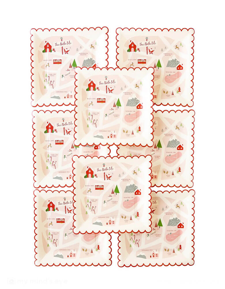  Momopartys's 9" x 9" Believe North Pole Map Paper Plates by My Mind's Eye. Comes in a set of 8 plates, featuring a whimsical map of Santa's home town, these party plates will act as your guest's guide to all of the festive fun at your holiday party. These scalloped edge plates are also the perfect way to spread Christmas cheer to the entire neighborhood when you use them to deliver a plateful of Santa's snacks to your neighbors.