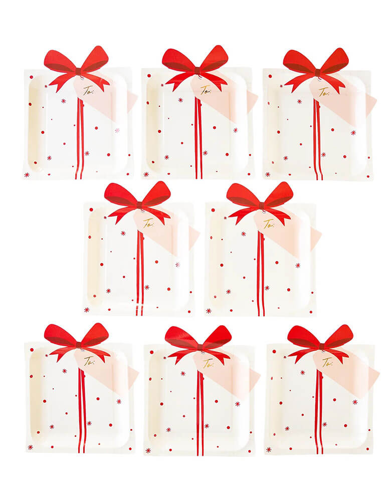  Momopartys's 9" x 10.5" Santa present shaped paper plate with a bow by My Mind's Eye. Comes in a set of 8 paper plates, these plates are shaped in a merry Christmas present, these party plates add a whimsical touch to your table this Christmas season!
