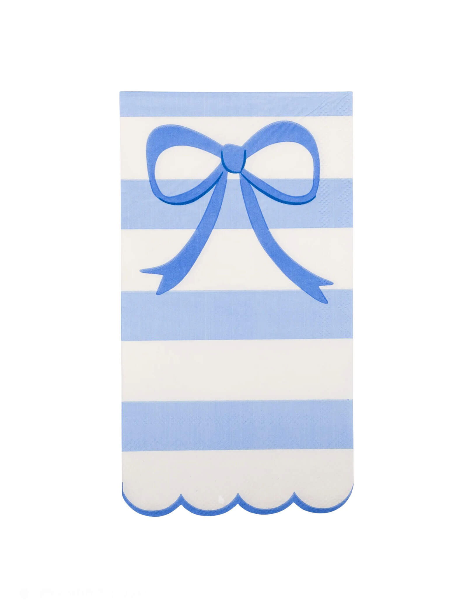Momo Party's 4.25" x 7.75" Blue Stripe Bow Scallop Guest Napkins by My Mind's Eye. Comes in a set of 24 guest napkins, the blue stripe design adds a whimsical touch, while the bow detail adds a playful charm. Get ready to impress your guests with these festive and fun napkins at your spring gathering or Easter celebration!
