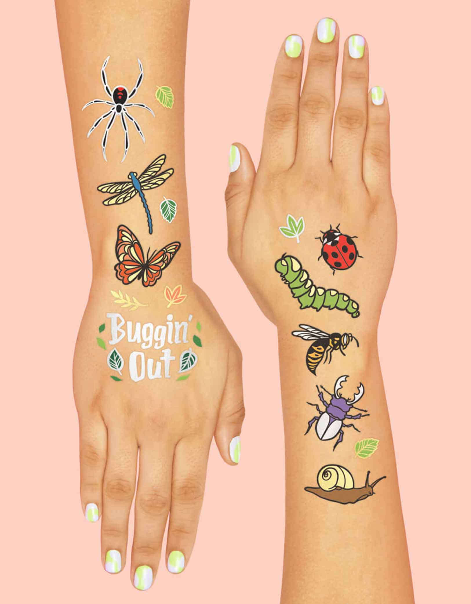 Two hands decorated with Momopartys's Bugs Foil Temporary Tattoos by Xo, Fetti. Comes with 48 tattoos in designs of insects, bugs, butterflies, leaves, and spiders, they're perfect for kid's insect bug themed birthday parties. So call your bug-loving kids, they're going to want to buzz, hop, and fly over fast for these temporary tattoos at their celebration. 