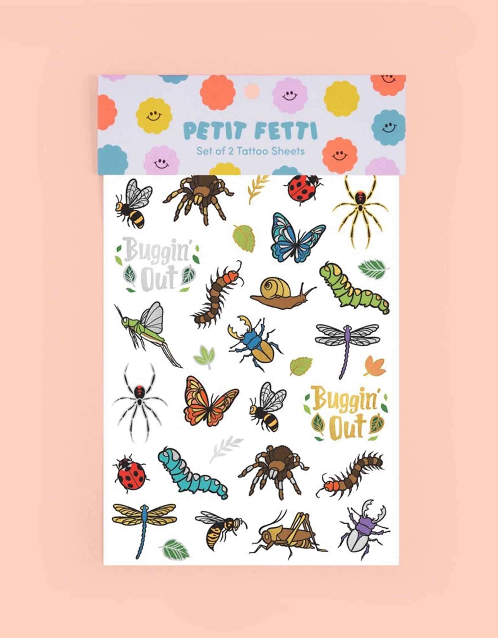 Momo Party's 8.25" x 6" Bugs Foil Temporary Tattoos by Xo, Fetti. Comes with 48 tattoos in designs of insects, bugs, leaves, and spiders, they're perfect for kid's insect bug themed birthday parties. So call your bug-loving kids, they're going to want to buzz, hop, and fly over fast for these temporary tattoos at their celebration. 