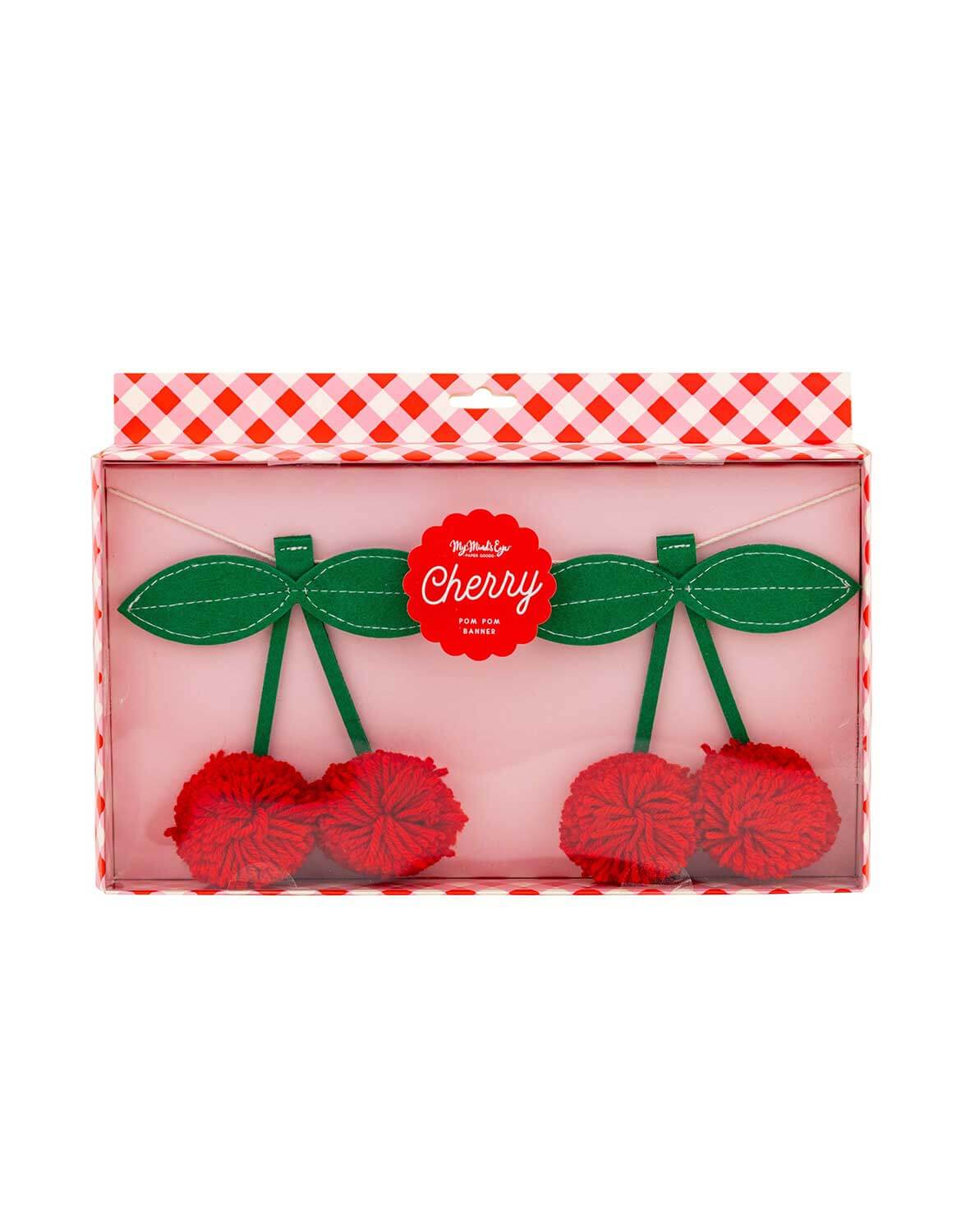 The package of Momopartys's Cherry Felt Party Banner with green leaves by My Mind's Eye on a white background.