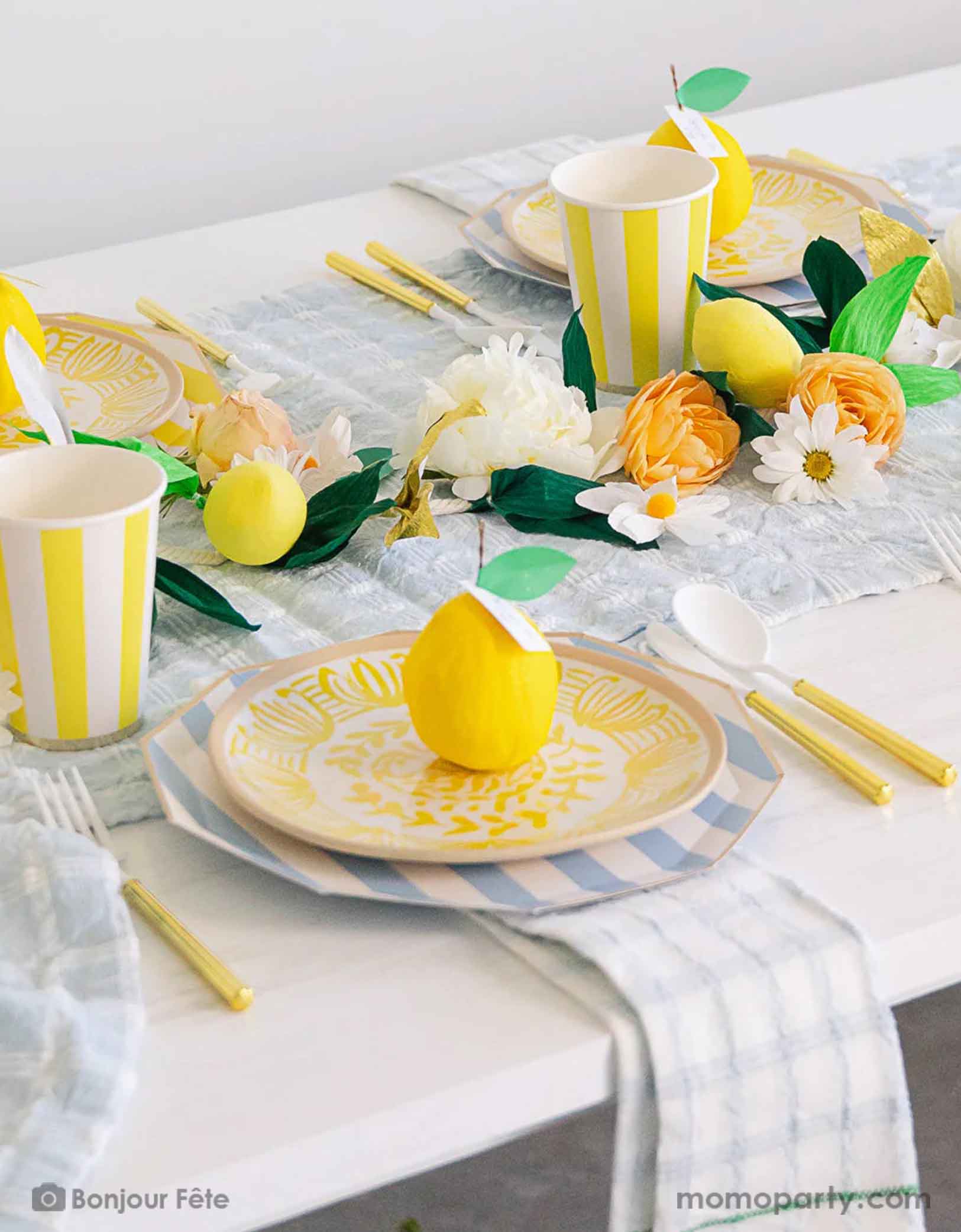 A stunning tableset in a Summer Party Capri Inspired party by Momopartys! Bursting with colors and textures, this stylish setting combines the vibrant striped aesthetics in yellow and sky blue of Capri with the refreshing citrus vibes of lemons and gingham checker patterns. Your guests will be transported to a picturesque seaside Italian village as they enjoy their summer feast underneath these enchanting decorations. 