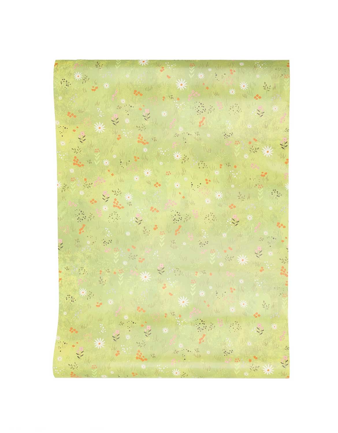 Momo Party's 16 x 120 inches Bunny Cottage Meadow paper Table Runner with floral patterns on a light grass green background.