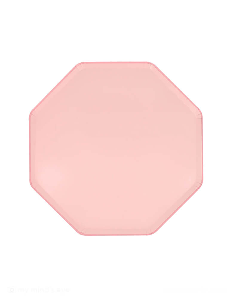  Momopartys's 8.25" x 8.25" Cotton Candy Pink Side Plates by Meri Meri. Comes in a set of 8 paper plates, with the octagonal shape, and the color on the front and back, these elegant pink dinner plates are perfect for your everyday celebration, be it a princess, fairy or tea party, a baby girl shower, or a spring gatherings with friends and family.