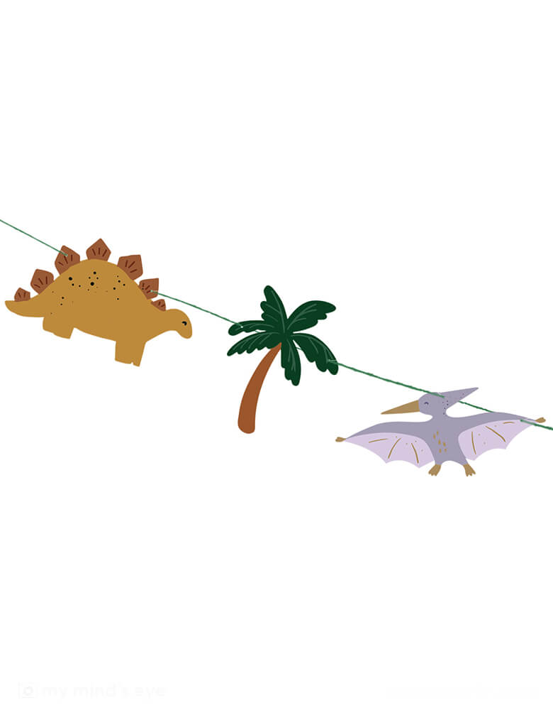 A close up shot of Momopartys's 14' Dinosaur Happy Birthday Banner by Party Deco. Featuring various types of dinosaurs, palm tree, and green HAPPY BIRTHDAY pennants, it's a perfect addition to kid's dinosaur themed birthday celebration.