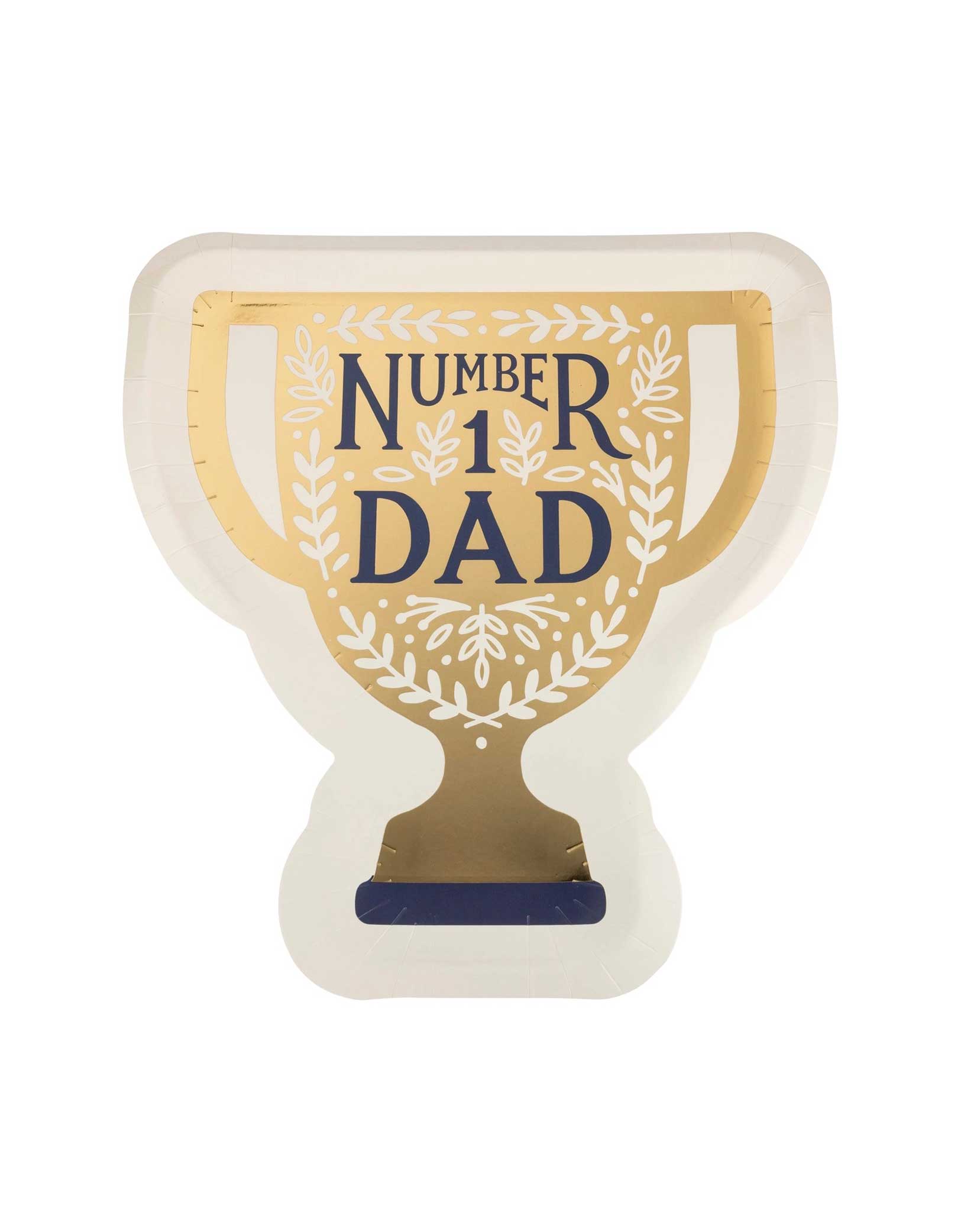 Momo Party's 10" x 10.5" Number 1 Dad Trophy Plates  by My Mind's Eye. Perfect for a Father's Day celebration, this unique paper plate features a fun trophy design, adding a playful touch to your celebration. Show your dad he's the ultimate champ with this one-of-a-kind plate!