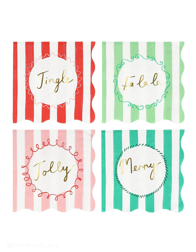 Momopartys 6.5 x 6.5 inches Christmas Striped Large Napkins by Meri Meri. Comes in a set of 16 napkins in 4 colors of red, pink, mint, and green, these vintage inspired designs, with fun messages, will instantly add style to your Christmas celebrations. They're perfect for Christmas dinner, or for any festive drinks or gathering.